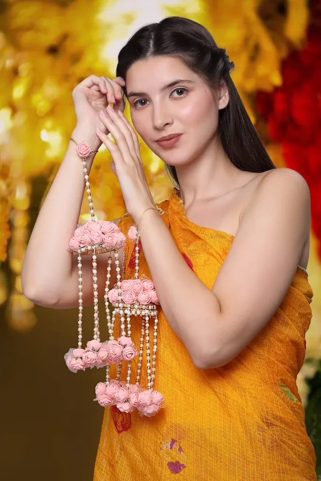 Necklaces Yellow Chimes Yellow Chimes Kalira for Girls Pink Floral Designed Traditional Wedding Bridal Kalira Keleera Kalire Set for Women and Girls