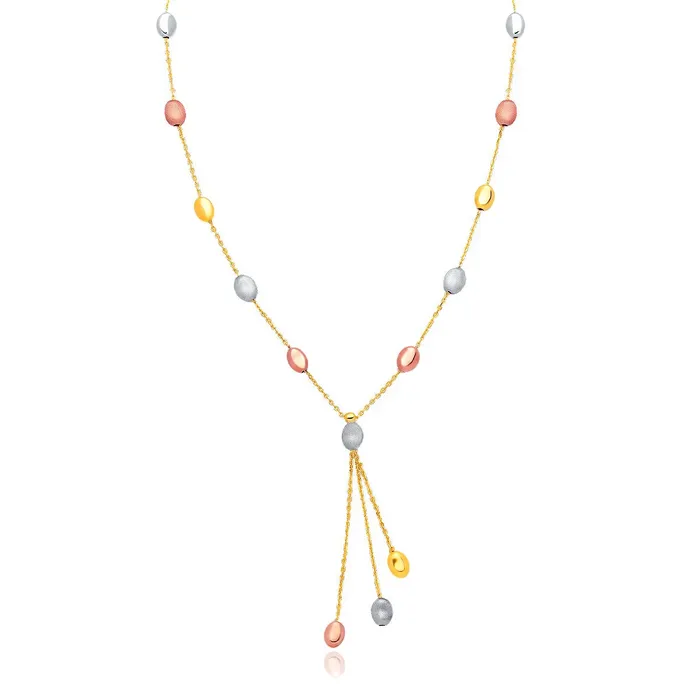 MayaMila Necklaces 14k TriColor Gold Pebble Station Necklace with Triple Drop MayaMila Necklaces 14k TriColor Gold Pebble Station Necklace with Triple Drop
