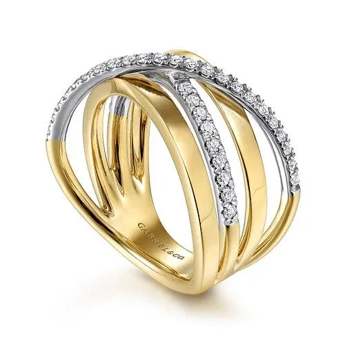 14K WhiteYellow Gold Polished Band and Diamond Row Criss Cross Ring GABRIEL CO Rings 14K WhiteYellow Gold Polished Band and Diamond Row Criss Cross Ring GABRIEL CO Rings