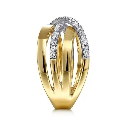 14K WhiteYellow Gold Polished Band and Diamond Row Criss Cross Ring GABRIEL CO Rings 14K WhiteYellow Gold Polished Band and Diamond Row Criss Cross Ring GABRIEL CO Rings