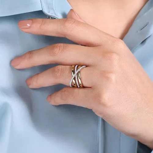 14K WhiteYellow Gold Polished Band and Diamond Row Criss Cross Ring GABRIEL CO Rings 14K WhiteYellow Gold Polished Band and Diamond Row Criss Cross Ring GABRIEL CO Rings