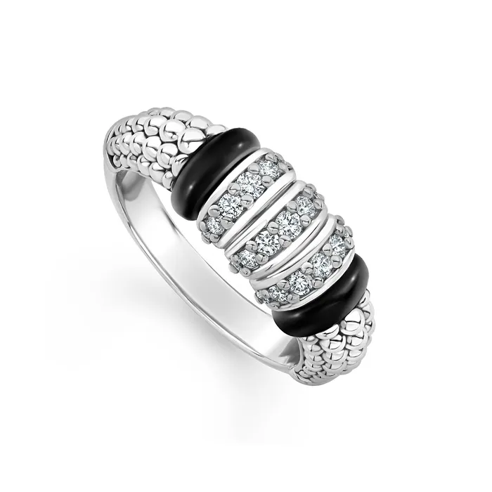 Black Caviar Three Station Diamond Ceramic Caviar Ring LAGOS Rings