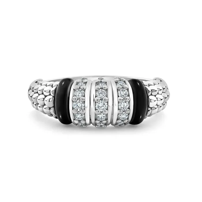 Black Caviar Three Station Diamond Ceramic Caviar Ring LAGOS Rings