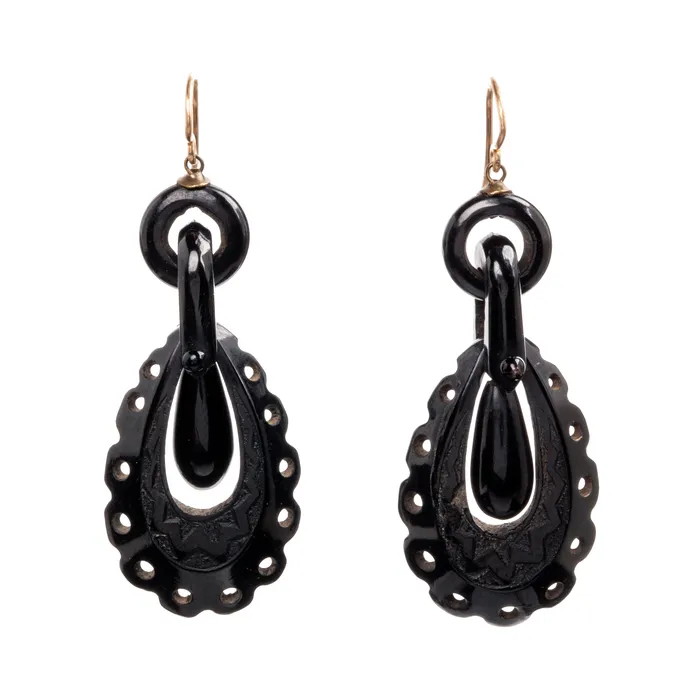 Earrings Bell Bird Antiques Victorian Era Carved Whitby Jet Earrings