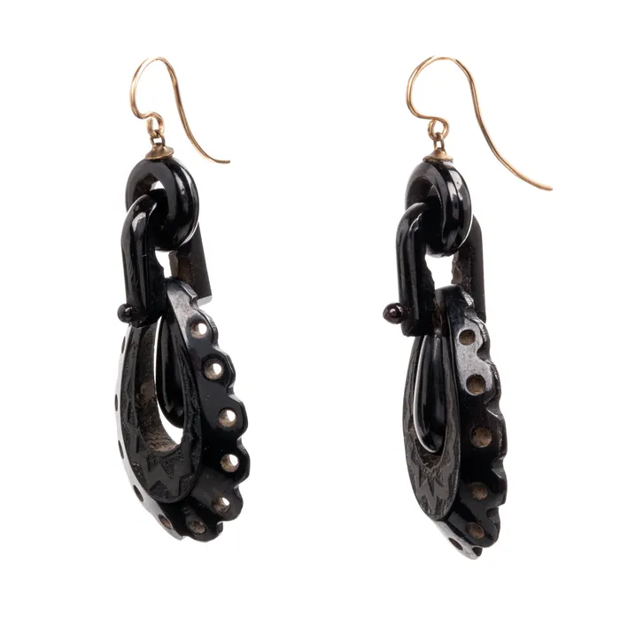 Earrings Bell Bird Antiques Victorian Era Carved Whitby Jet Earrings