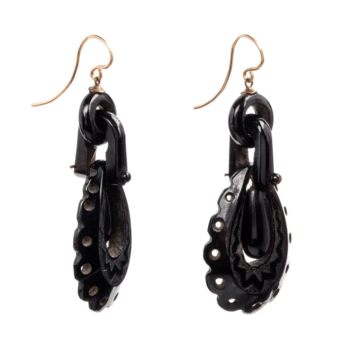 Earrings Bell Bird Antiques Victorian Era Carved Whitby Jet Earrings