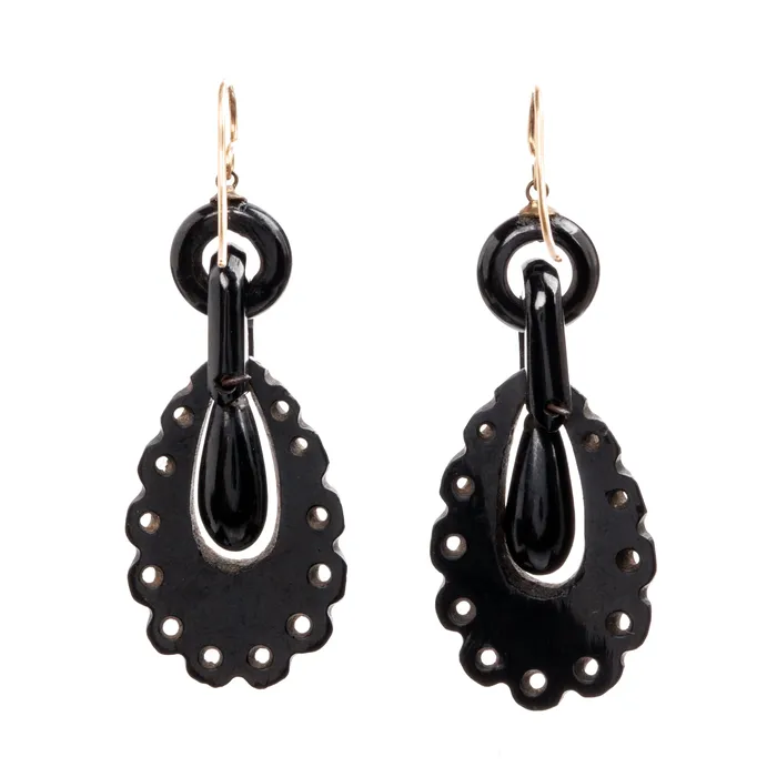 Earrings Bell Bird Antiques Victorian Era Carved Whitby Jet Earrings