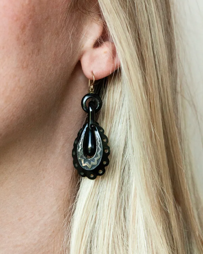Earrings Bell Bird Antiques Victorian Era Carved Whitby Jet Earrings