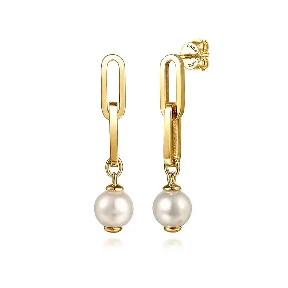 GABRIEL CO Earrings 14K Yellow Gold Pearl Stud Drop Link Earrings