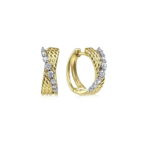 GABRIEL CO Earrings 14K YellowWhite Gold Twisted 15mm Diamond Huggie Earrings