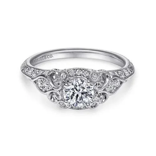 GABRIEL CO Rings Abel Unique 14K White Gold Vintage Inspired Diamond Halo Engagement Ring Setting Only