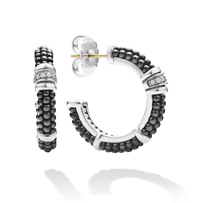 LAGOS Earrings Black Caviar Ceramic and Diamond Hoop Earrings