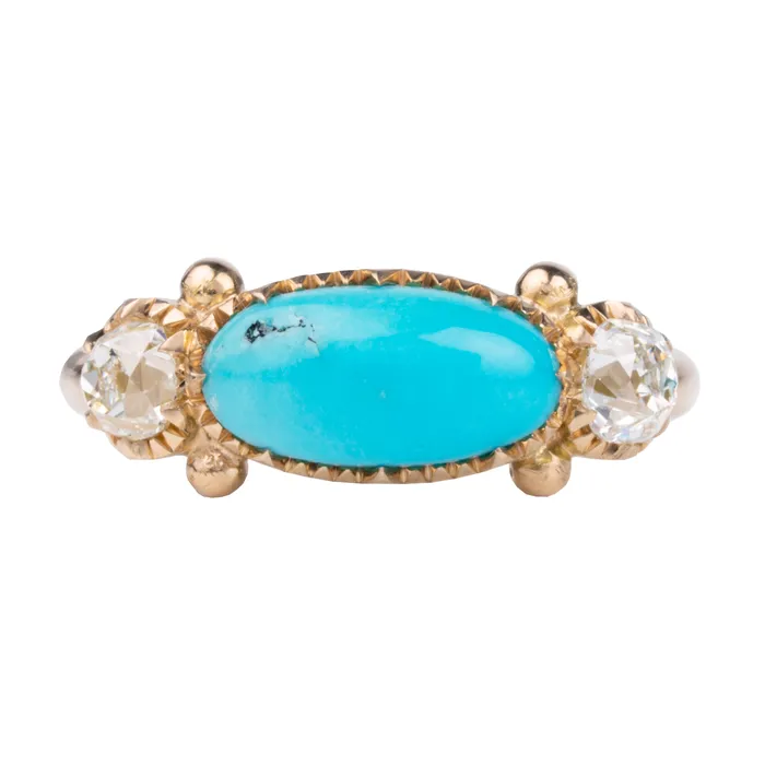 Rings Bell Bird In House Bell Bird Turquoise and Old Mine Cut Diamond Three Stone Ring Rings Bell Bird In House Bell Bird Turquoise and Old Mine Cut Diamond Three Stone Ring