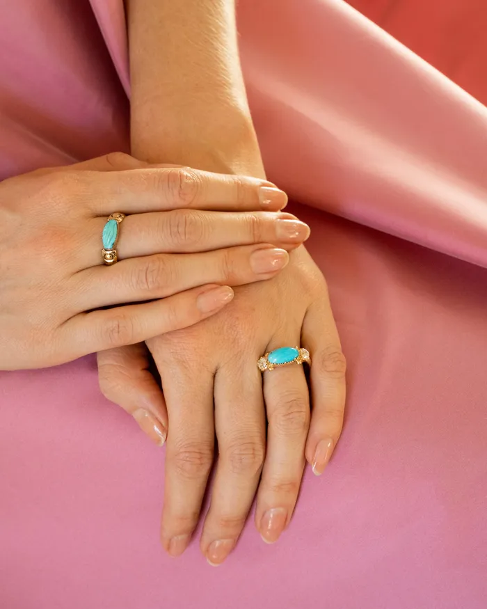 Rings Bell Bird In House Bell Bird Turquoise and Old Mine Cut Diamond Three Stone Ring