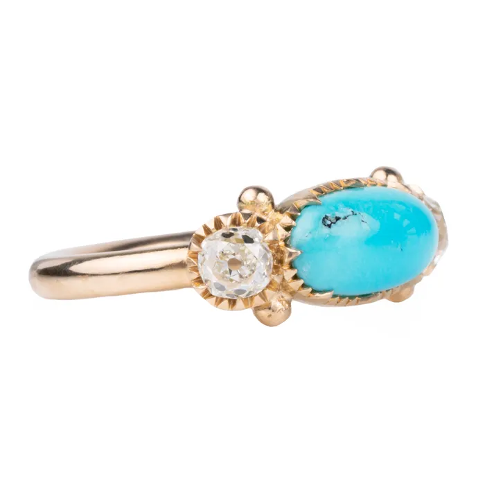 Rings Bell Bird In House Bell Bird Turquoise and Old Mine Cut Diamond Three Stone Ring