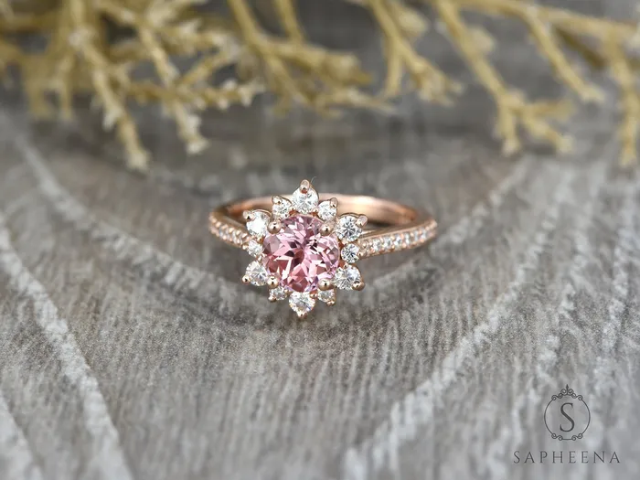 Rings Nivis 15 Ct Round Cut Champagne Peach Sapphire Engagement Ring with Side Stones Sapheena Jewelry
