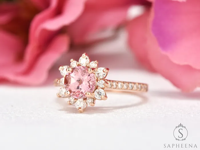 Rings Nivis 15 Ct Round Cut Champagne Peach Sapphire Engagement Ring with Side Stones Sapheena Jewelry