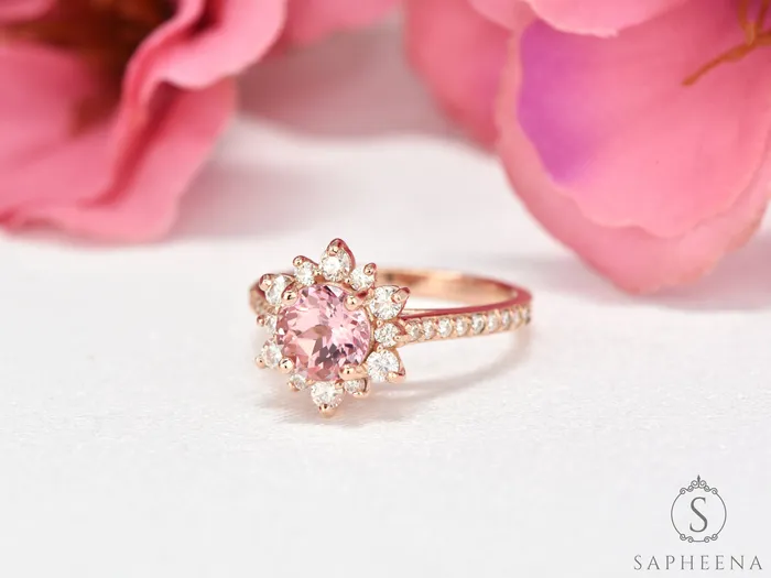 Rings Nivis 15 Ct Round Cut Champagne Peach Sapphire Engagement Ring with Side Stones Sapheena Jewelry