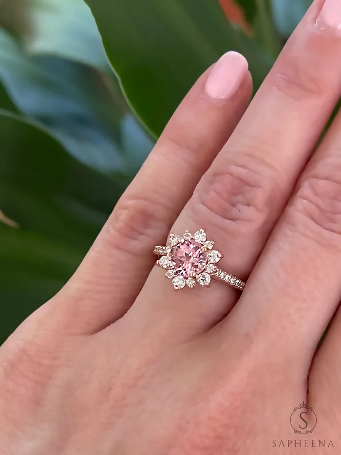 Rings Nivis 15 Ct Round Cut Champagne Peach Sapphire Engagement Ring with Side Stones Sapheena Jewelry