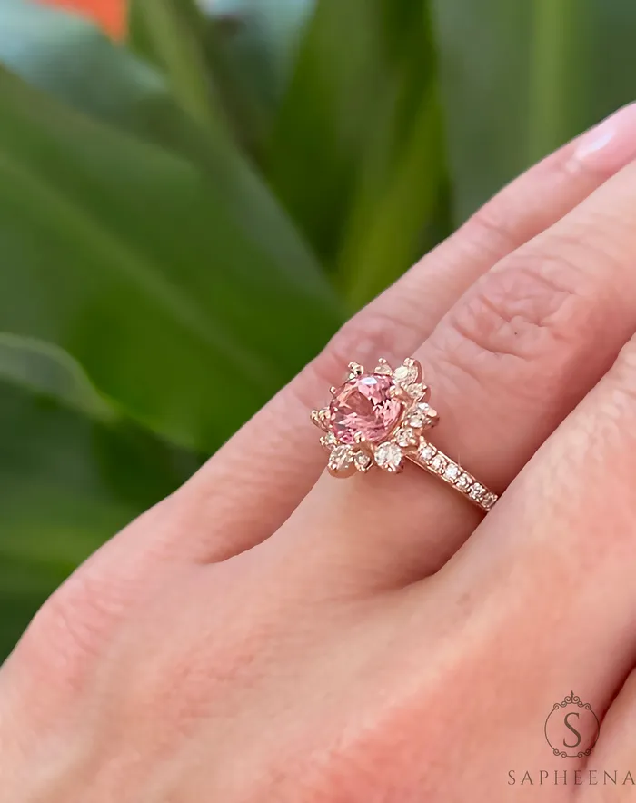 Rings Nivis 15 Ct Round Cut Champagne Peach Sapphire Engagement Ring with Side Stones Sapheena Jewelry