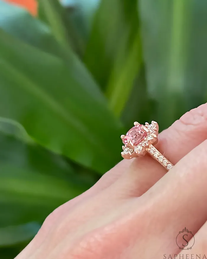 Rings Nivis 15 Ct Round Cut Champagne Peach Sapphire Engagement Ring with Side Stones Sapheena Jewelry