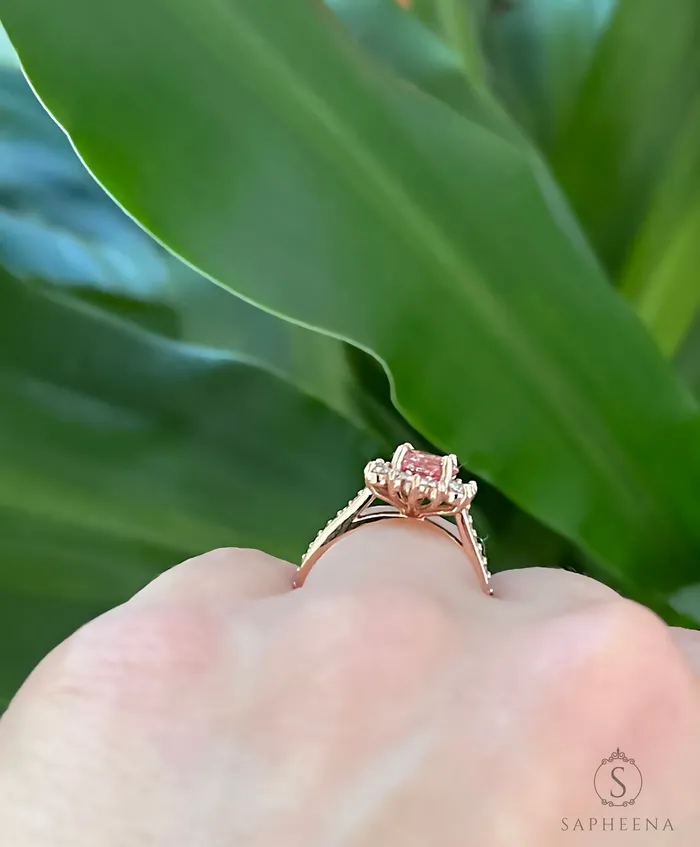 Rings Nivis 15 Ct Round Cut Champagne Peach Sapphire Engagement Ring with Side Stones Sapheena Jewelry