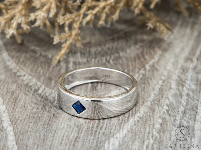 Sapheena Jewelry Rings Darius Mens Blue Sapphire Princess Cut Kite Setting Wedding Ring