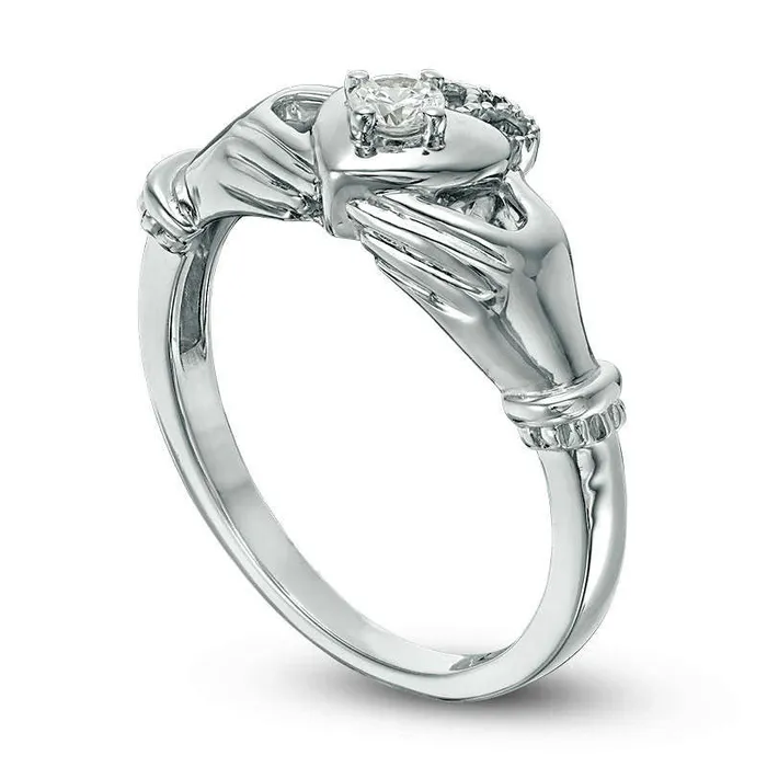 010 CT Natural Clarity Enhanced Diamond Solitaire Claddagh Promise Ring in Solid 10K White Gold Goldia Rings 010 CT Natural Clarity Enhanced Diamond Solitaire Claddagh Promise Ring in Solid 10K White Gold Goldia Rings