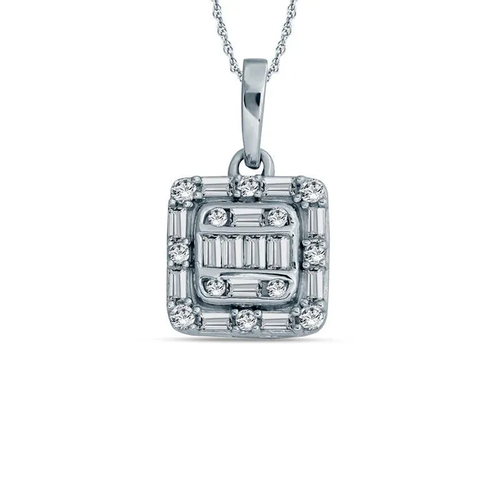 025 CT TW Baguette and Round Natural Diamond Cushion Frame Pendant in 10K White Gold Goldia Necklaces
