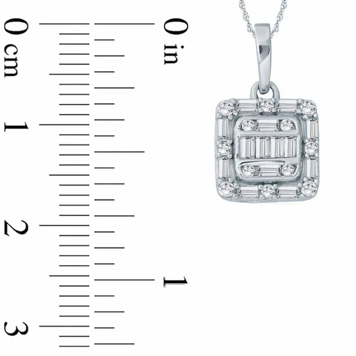 025 CT TW Baguette and Round Natural Diamond Cushion Frame Pendant in 10K White Gold Goldia Necklaces 025 CT TW Baguette and Round Natural Diamond Cushion Frame Pendant in 10K White Gold Goldia Necklaces