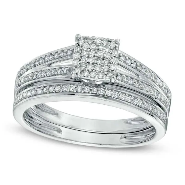 033 CT TW Natural Diamond Square Cluster Bridal Engagement Ring Set in Solid 10K White Gold Goldia Rings 033 CT TW Natural Diamond Square Cluster Bridal Engagement Ring Set in Solid 10K White Gold Goldia Rings