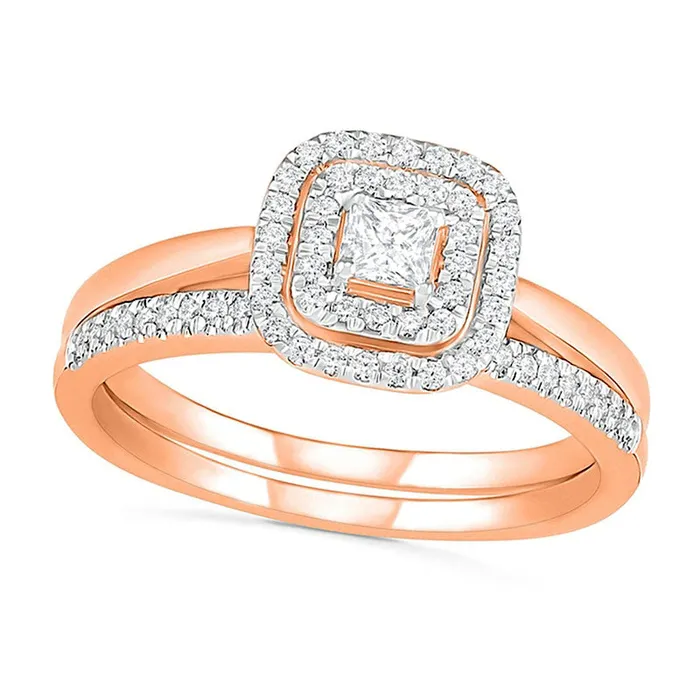 038 CT TW PrincessCut Natural Diamond Double Cushion Frame Bridal Engagement Ring Set in Solid 10K Rose Gold Goldia Rings