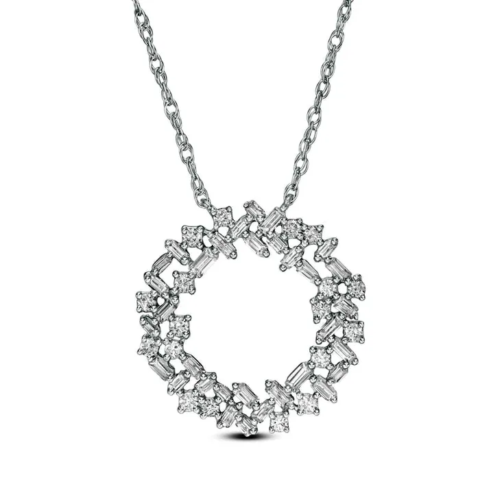 05 CT TW Baguette and Round Natural Diamond Scatter Circle Outline Necklace in 10K White Gold Goldia Necklaces 05 CT TW Baguette and Round Natural Diamond Scatter Circle Outline Necklace in 10K White Gold Goldia Necklaces