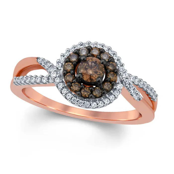 050 CT TW Champagne and White Natural Diamond Swirl Frame Engagement Ring in Solid 10K Rose Gold Goldia Rings 050 CT TW Champagne and White Natural Diamond Swirl Frame Engagement Ring in Solid 10K Rose Gold Goldia Rings