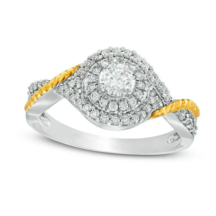 063 CT TW Natural Diamond Bypass Frame Twist Rope Shank Engagement Ring in Solid 14K TwoTone Gold Goldia Rings 063 CT TW Natural Diamond Bypass Frame Twist Rope Shank Engagement Ring in Solid 14K TwoTone Gold Goldia Rings