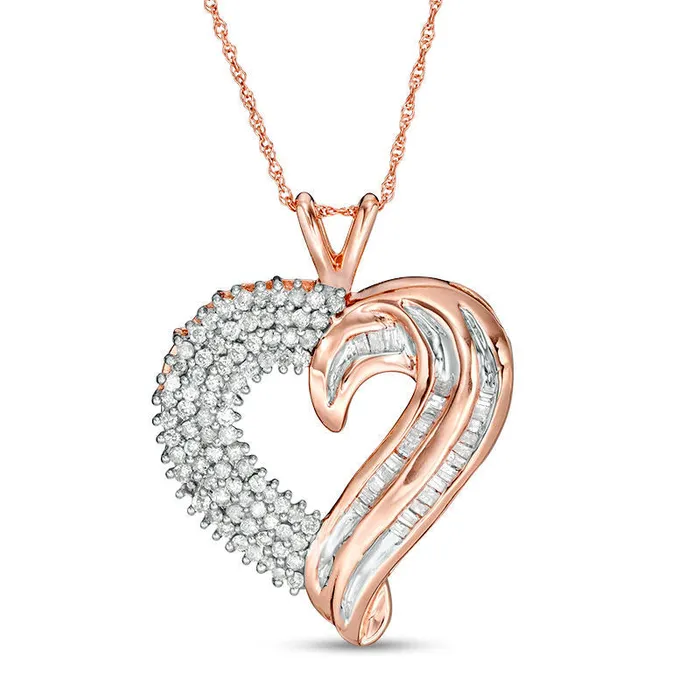 075 CT TW Baguette and Round Natural Diamond Heart Pendant in 10K Rose Gold Goldia Necklaces 075 CT TW Baguette and Round Natural Diamond Heart Pendant in 10K Rose Gold Goldia Necklaces