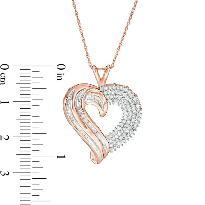 075 CT TW Baguette and Round Natural Diamond Heart Pendant in 10K Rose Gold Goldia Necklaces 075 CT TW Baguette and Round Natural Diamond Heart Pendant in 10K Rose Gold Goldia Necklaces