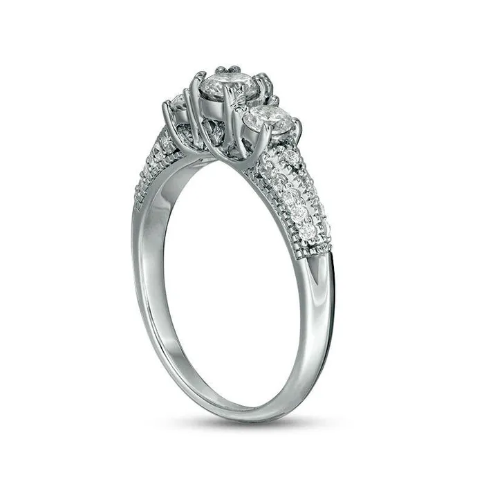 075 CT TW Natural Diamond Three Stone VSides Antique VintageStyle Engagement Ring in Solid 10K White Gold Goldia Rings 075 CT TW Natural Diamond Three Stone VSides Antique VintageStyle Engagement Ring in Solid 10K White Gold Goldia Rings