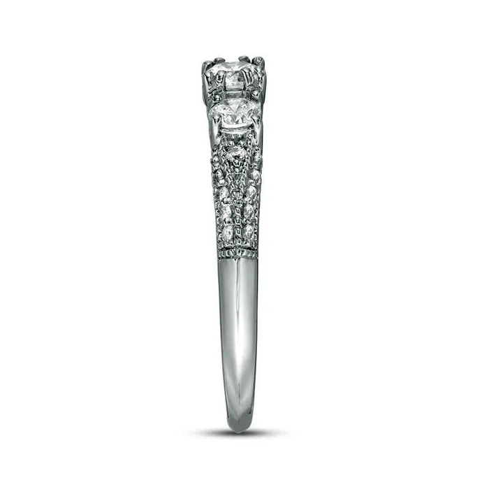 075 CT TW Natural Diamond Three Stone VSides Antique VintageStyle Engagement Ring in Solid 10K White Gold Goldia Rings 075 CT TW Natural Diamond Three Stone VSides Antique VintageStyle Engagement Ring in Solid 10K White Gold Goldia Rings
