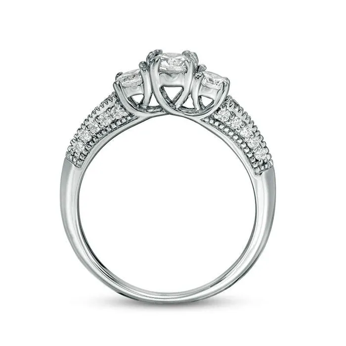 075 CT TW Natural Diamond Three Stone VSides Antique VintageStyle Engagement Ring in Solid 10K White Gold Goldia Rings 075 CT TW Natural Diamond Three Stone VSides Antique VintageStyle Engagement Ring in Solid 10K White Gold Goldia Rings