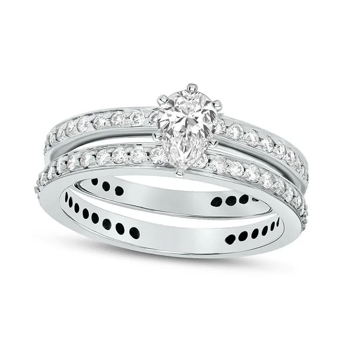 10 CT TW PearShaped Natural Diamond Bridal Engagement Ring Set in Solid 14K White Gold JSI2 Goldia Rings