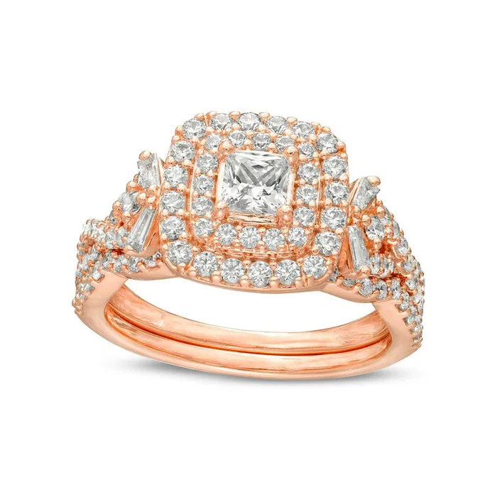 133 CT TW PrincessCut Natural Diamond Double Frame Twist Shank Bridal Engagement Ring Set in Solid 14K Rose Gold Goldia Rings 133 CT TW PrincessCut Natural Diamond Double Frame Twist Shank Bridal Engagement Ring Set in Solid 14K Rose Gold Goldia Rings