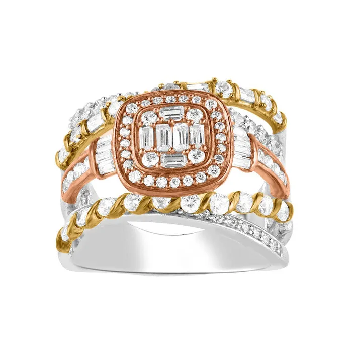 15 CT TW Composite Cushion Natural Diamond Layered Art Deco Ring in Solid 10K TriTone Gold Goldia Rings 15 CT TW Composite Cushion Natural Diamond Layered Art Deco Ring in Solid 10K TriTone Gold Goldia Rings