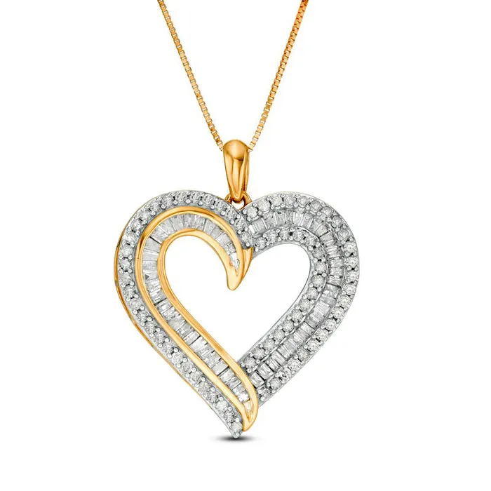1 CT TW Baguette and Round Natural Diamond Double Row Heart Pendant in 10K Yellow Gold Goldia Necklaces 1 CT TW Baguette and Round Natural Diamond Double Row Heart Pendant in 10K Yellow Gold Goldia Necklaces