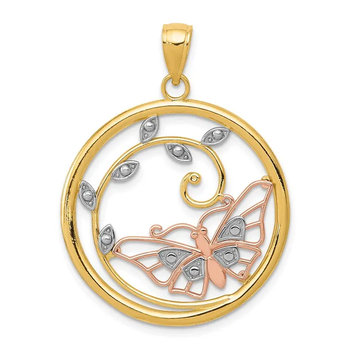 14k Twotone Gold wWhite Rhodium Butterfly in Circle Pendant Goldia Rings