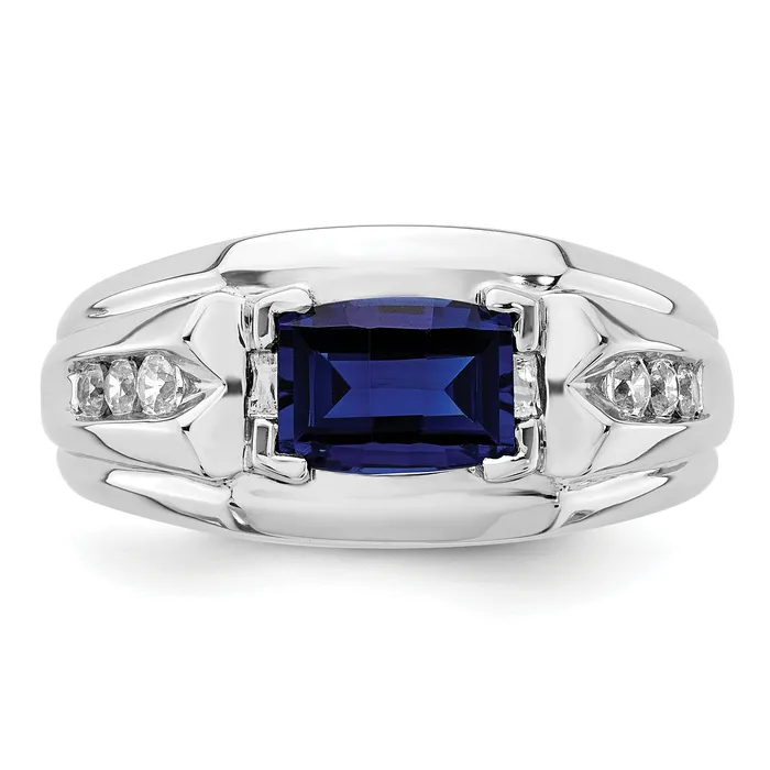 14k White Gold 14 Ct Lab Grown Diamond VSSI G and Lab Created Blue Sapphire Mens Ring Goldia Rings