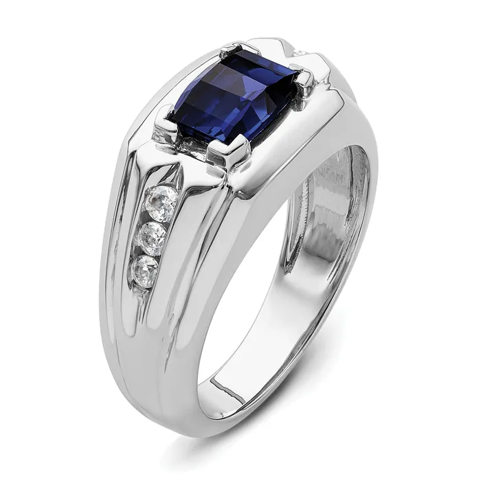 14k White Gold 14 Ct Lab Grown Diamond VSSI G and Lab Created Blue Sapphire Mens Ring Goldia Rings