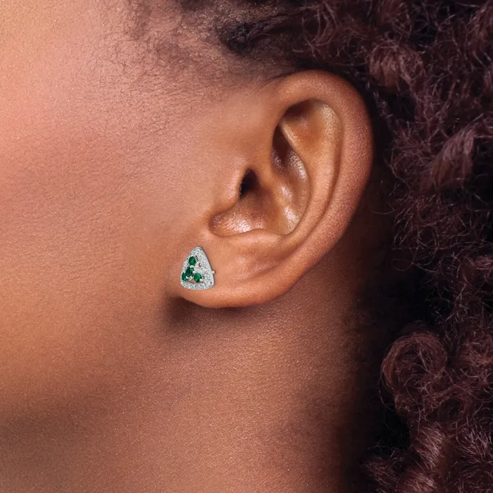 14k White Gold 38 Ct Lab Grown Diamond VSSI G and Created Emerald Triangle Post Earrings Goldia Earrings
