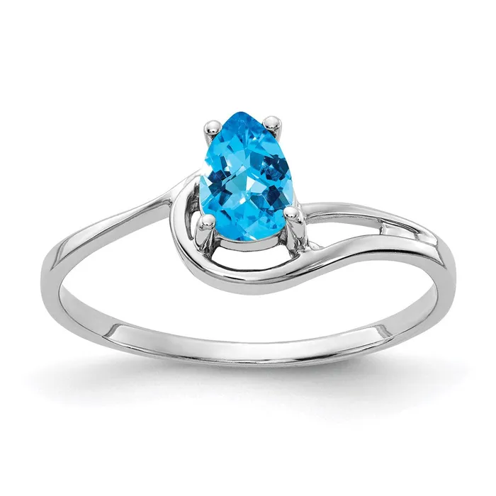 14k White Gold 6x4mm Pear Blue Topaz Checker ring Goldia Rings