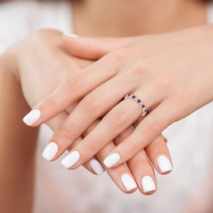 14k White Gold 78 Ct Lab Grown Diamond VSSI G and Lab Created Ruby Eternity Band Ring Goldia Rings